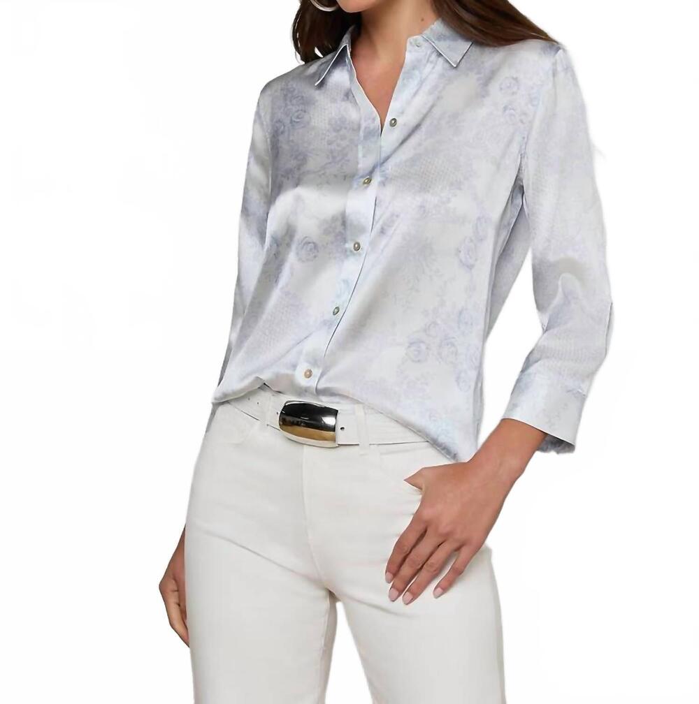 NEW L'AGENCE dani 3/4 sleeve blouse in ivory/pale mist blue lace print - Picture 3 of 4
